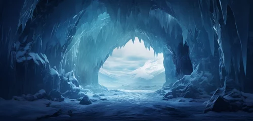 Fototapeten Mesmerizing hidden glacial cave entrance framed by towering ice walls at dawn. © Haani