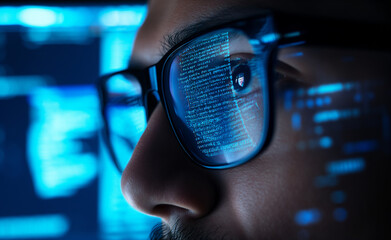 Cyber Vision: Closeup of a Developer's Intense Gaze into Digital Code, Unraveling Software Secrets