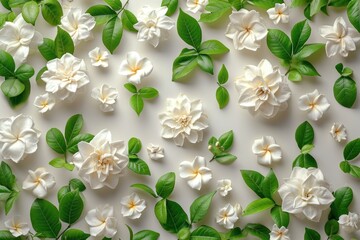 Fototapeta premium White Flowers and Green Leaves on White Surface