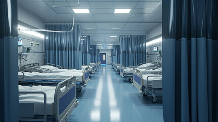 empty hospital bed in hospital ward - obrazy, fototapety, plakaty