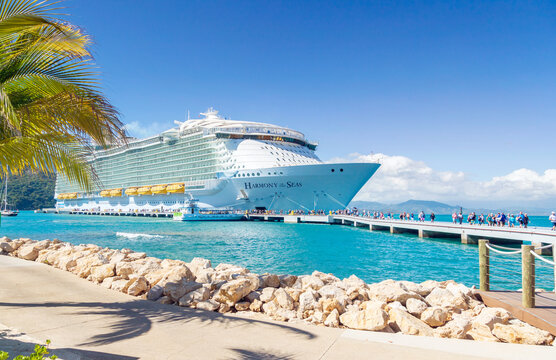 LABADEE, HAITI - FEBRUARY 03, 2023: Royal Caribbean cruise ship Harmony of the Seas docked at the private port of Labadee in the Caribbean Island of Haiti 