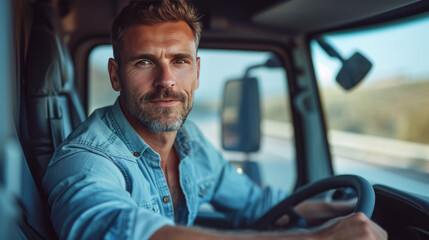 Confident man with a beard smiling at the camera while sitting in the driver's seat of a vehicle, with his hands on the steering wheel.