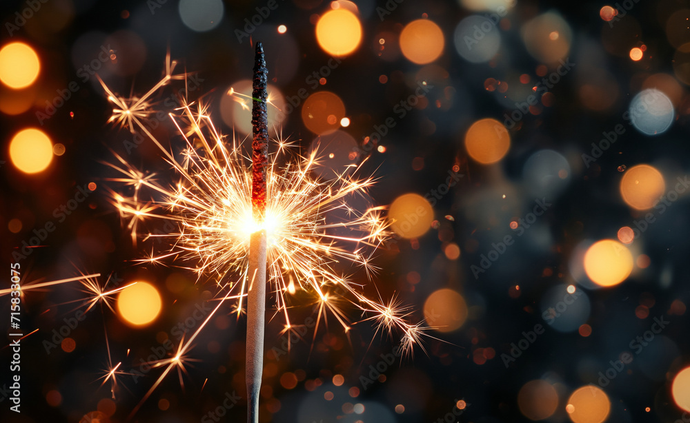 Poster sparkler burning bright with shiny sparks and bokeh.