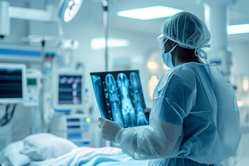 A medical worker in a hospital examines x-rays, looks at a tomographic image. A Doctor looks at an x-ray in a hospital laboratory. Healthcare concept. Computed tomography in the radiology department - obrazy, fototapety, plakaty