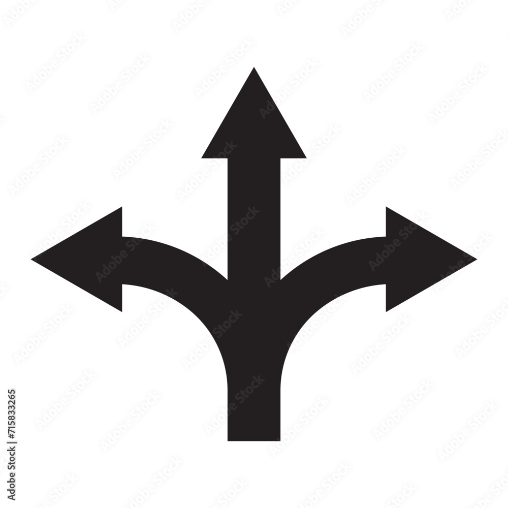 Poster three-way direction arrow icon for road, app. road icon sign vector. three head arrow vector. vector