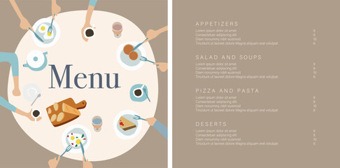 Vector food menu template with cute illustration and place for text. The cover of the menu shows a family having breakfast. Menu for a family restaurant, a cozy cafe for pleasant meetings with friends