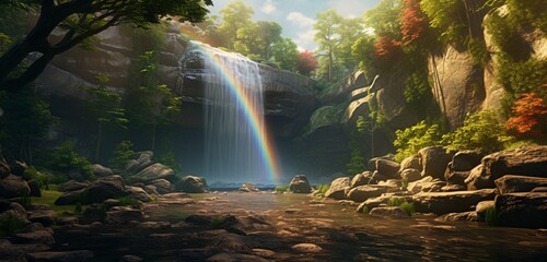 Mesmerizing hidden glen where a vibrant rainbow arcs over a secluded waterfall. - obrazy, fototapety, plakaty