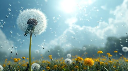 White dandelions are on a clean backdrop with a big copy space, Generative AI. - obrazy, fototapety, plakaty