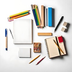display of school supplies, including textbooks, erasers, and sharpeners, on a clean white background, exuding a sense of simplicity and order