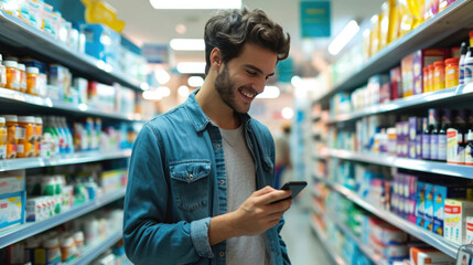 Young man holding a smartphone, standing in a pharmacy aisle - obrazy, fototapety, plakaty