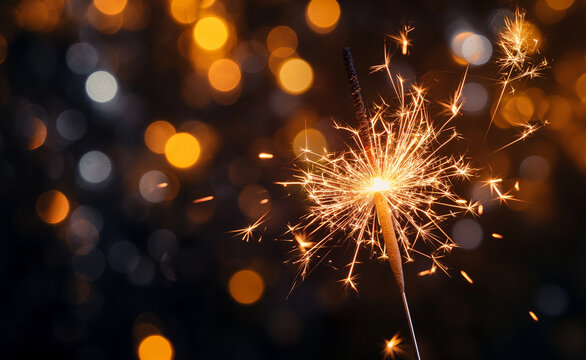 Sparkler burning bright with shiny sparks and bokeh.
