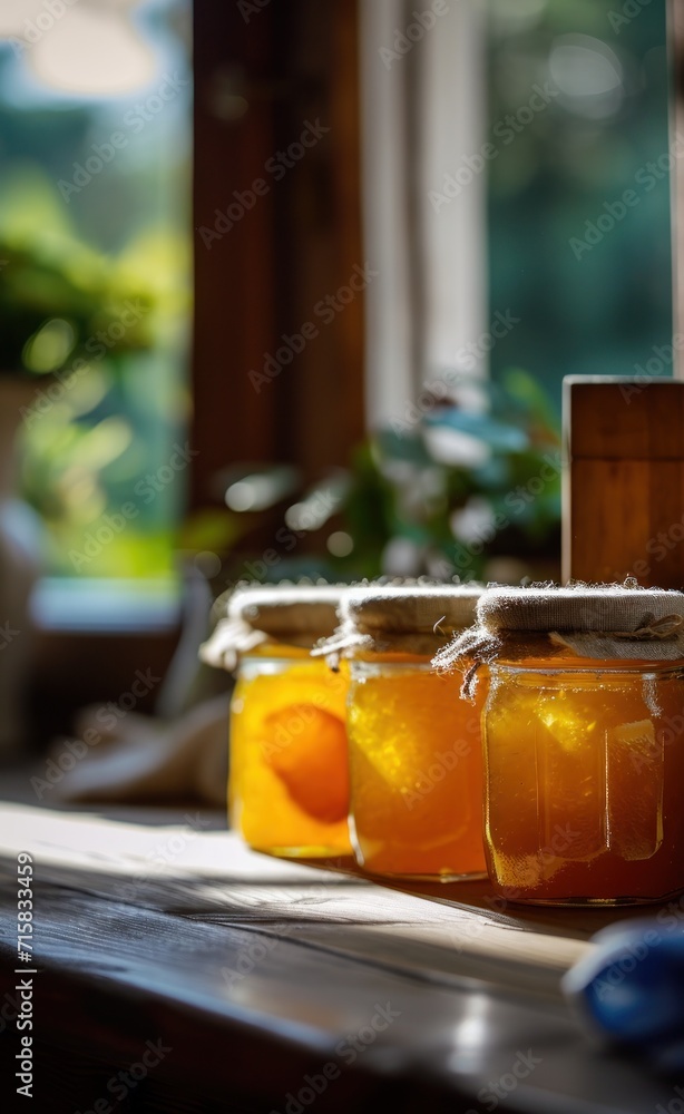 Poster jars of honey on table by window