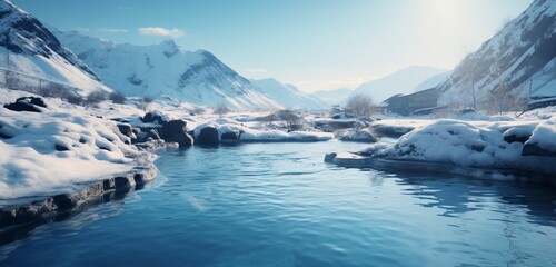 Fototapeta na wymiar Mesmerizing hidden hot spring nestled in a remote valley surrounded by snow-capped peaks.