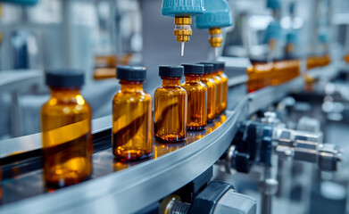 Medical vials on production line at pharmaceutical factory. - obrazy, fototapety, plakaty