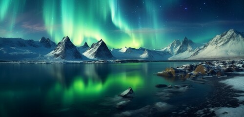 Fototapeta na wymiar Mesmerizing icy fjord surrounded by snow-capped peaks under the glow of the aurora.