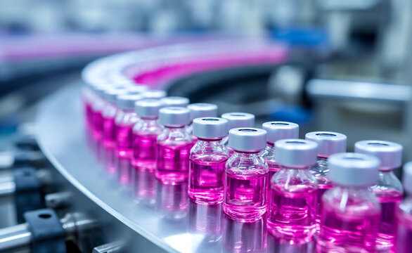 Medical vials on production line at pharmaceutical factory.