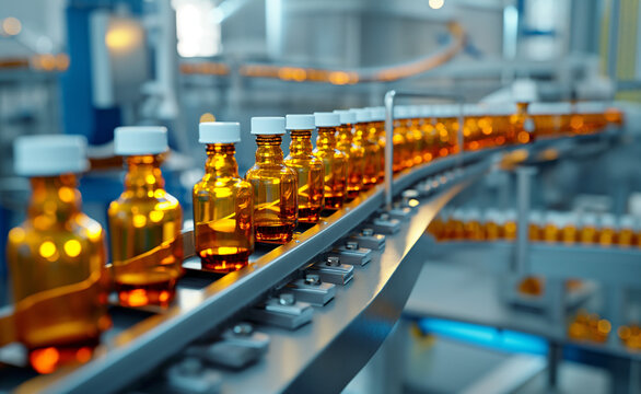 Medical vials on production line at pharmaceutical factory.