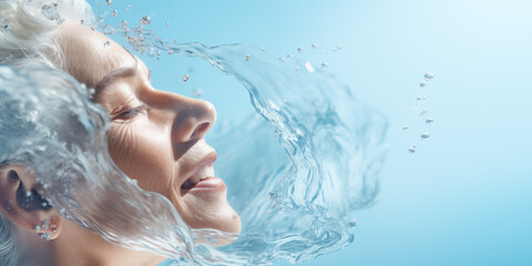 skin care and wellbeing concept with senior woman face  from profile standing in splash of fresh water - obrazy, fototapety, plakaty