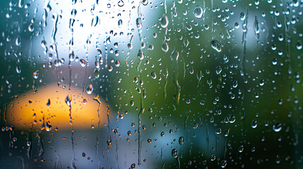 Close-up of raindrops on glass with a warm evening light blurred in the background.