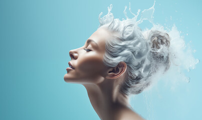 Beautiful woman portrait with hair wet with soapy water , Hair balm and shampoo products