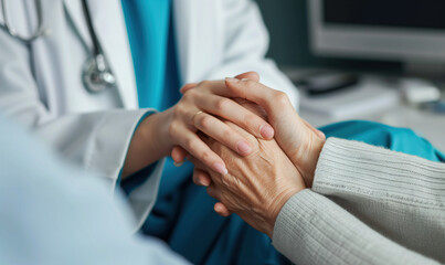 Medical doctor holding elderly lady hands, support and care concepts