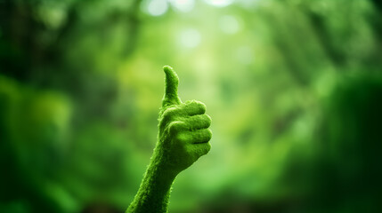 arm made from green moos giving thumbs up, nature appreciation and  ecologic mindset concepts
