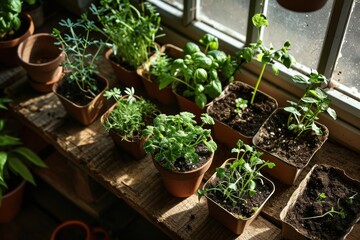 the perfect indoor herb garden, in the style of selective focus, light green and brown, rural life depictions, organized chaos, deep shadows, solarizing master