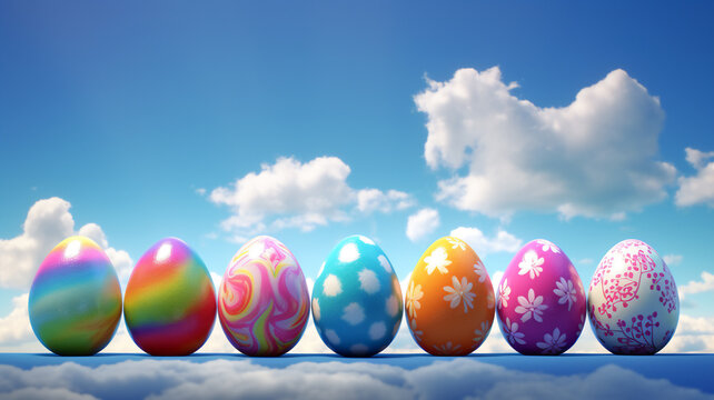 Seven colorful easter eggs on a blue sky with cloud background 