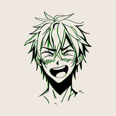 Male face manga style. Cartoon doodle smiling man portrait, anime comic emotional character with Asian eyes look. Vector illustration