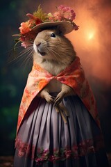 Capybara in Vintage Dress with Floral Hat an Cape