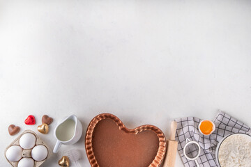 Sweet Valentine day baking background. Ingredient for making Valentine cookies, cakes, dessert with...