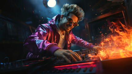 Fototapeta na wymiar Dj mixing nightlife nightclub epic party colorful electronic house man