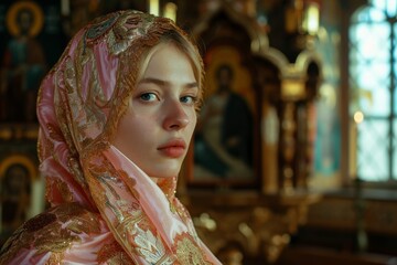 russian woman in russian orthodox church praying