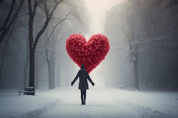 Girl with heart in the winter park . Valentine's Day concept 