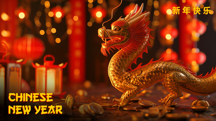 Fototapeta premium Chinese New Year, Traditional Background with Dragon, Lantern and Gold Coin. 