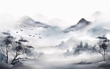 Landscape with misty mountains