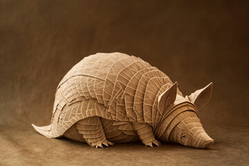 A crafted paper sculpture of an armadillo, showcasing the detailed and textured layers of paper art on a monochrome background