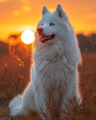 White Dog Sitting on Grass Field
