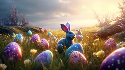 A haze sits in the sunlight or beams in a field of grass of a easter wallpaper with easter eggs  - obrazy, fototapety, plakaty