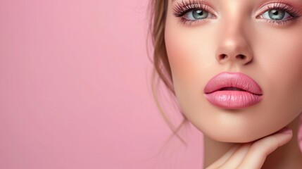 Close Up of Womans Face on Pink Background