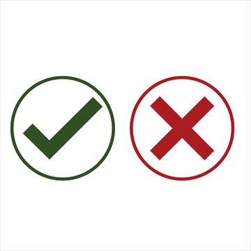 Tick and cross signs. Green checkmark OK and red X icons, Simple marks design. Circle shape symbols YES and NO button for vote, decision, web. Vector .AI 10