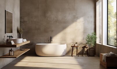 A minimalist bathroom design incorporating microcement walls, a bathtub, and living plants. The wooden trim and a well-placed window provide an unassuming yet stylish environment