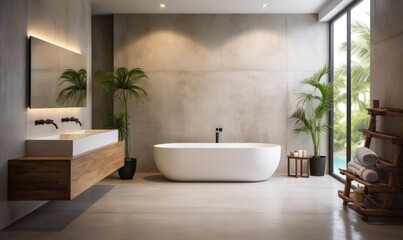A spacious bathroom with microcement walls, a luxurious bathtub, and subtle greenery for a touch of freshness. The wood trim and window contribute to the clean and sophisticated atmosphere - obrazy, fototapety, plakaty