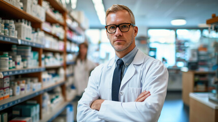 Fototapeta premium Confident male pharmacist in a white coat, standing with his arms crossed in a pharmacy full of medicine shelves.