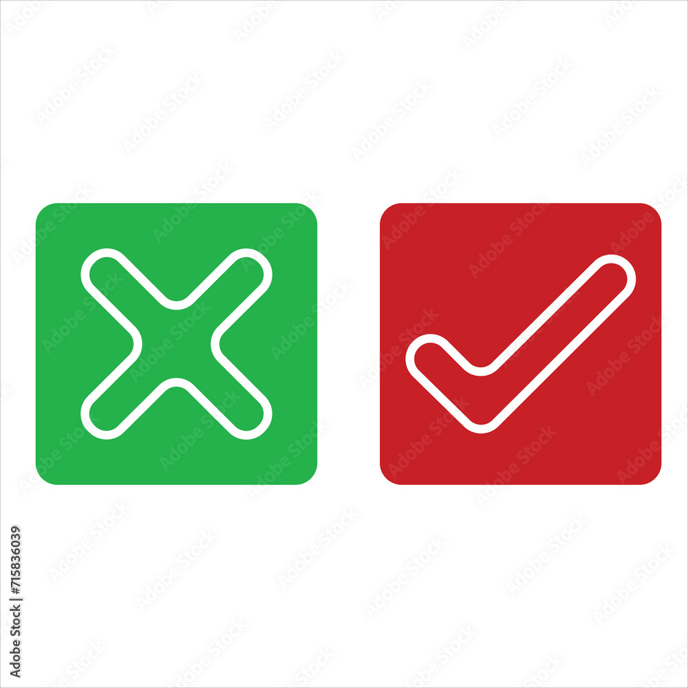Poster checkmark icons set. tick and cross sign. green check mark and red x cross icon isolated on white ba