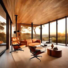 Modern retreat featuring an Eames chair, bathed in the warm hues of a setting sun