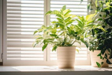 plants on the windowsill illuminated by sunlight through the blinds, cozy atmosphere, hobby, gardening