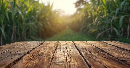 Foto op Canvas Wooden floor in a sugar cane field with a backdrop of nature, agriculture, and products on display, Generative AI. © Electro Unicorn