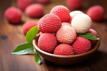 ripe lychee fruits on the table in a wooden bowl