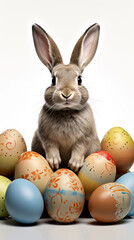 Fototapeta na wymiar A portrait of a country easter bunny with an isolated white background and easter eggs 